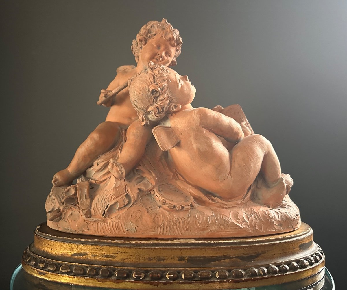 Sculpture Love Musicians In Terracotta Period 19th-photo-1
