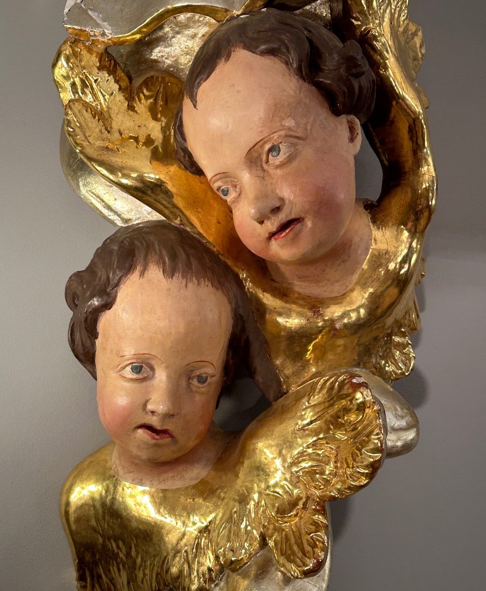 Cherubs In Polychrome Carved Wood From The 18th Century-photo-3