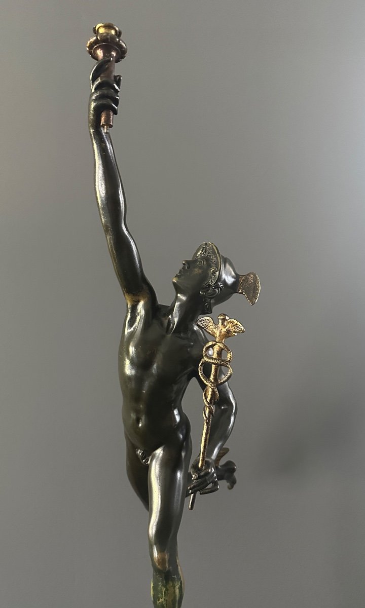 After Jean De Bologne, Mercury Sculpture In Bronze From The 19th Century-photo-3