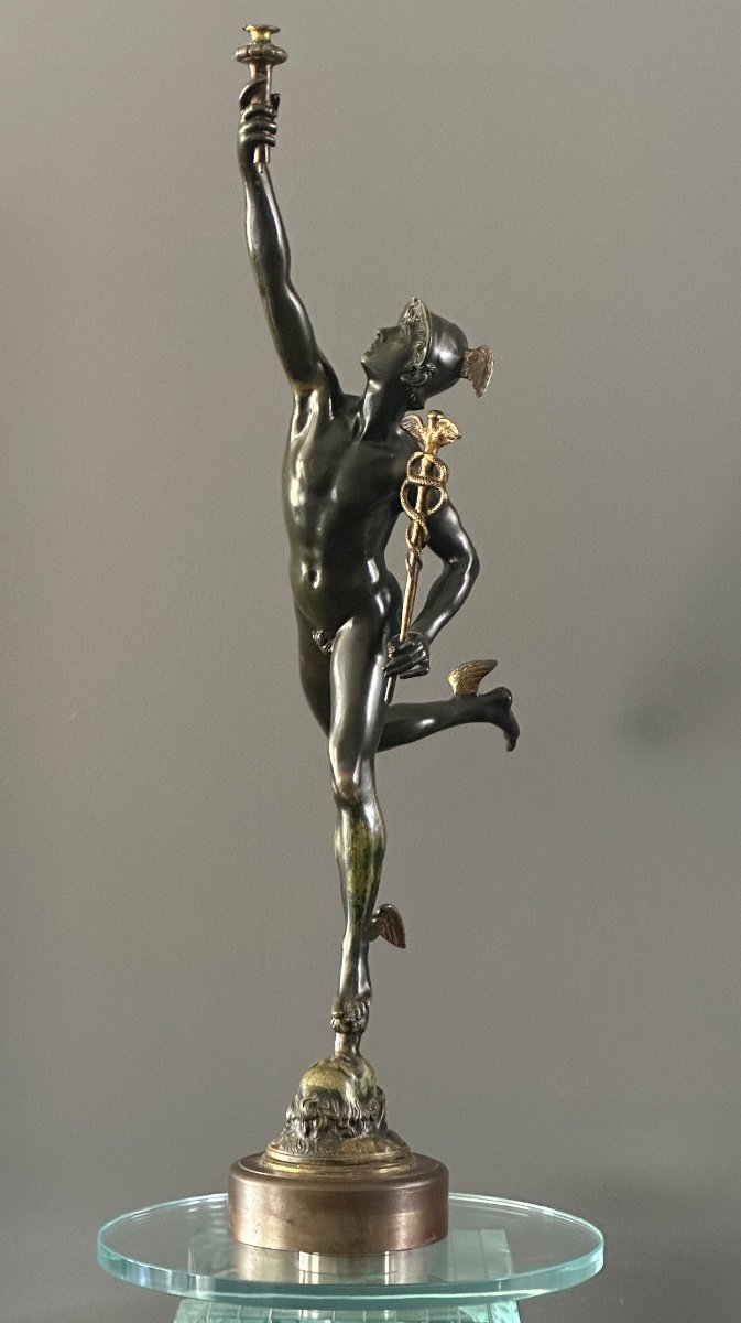 After Jean De Bologne, Mercury Sculpture In Bronze From The 19th Century-photo-2