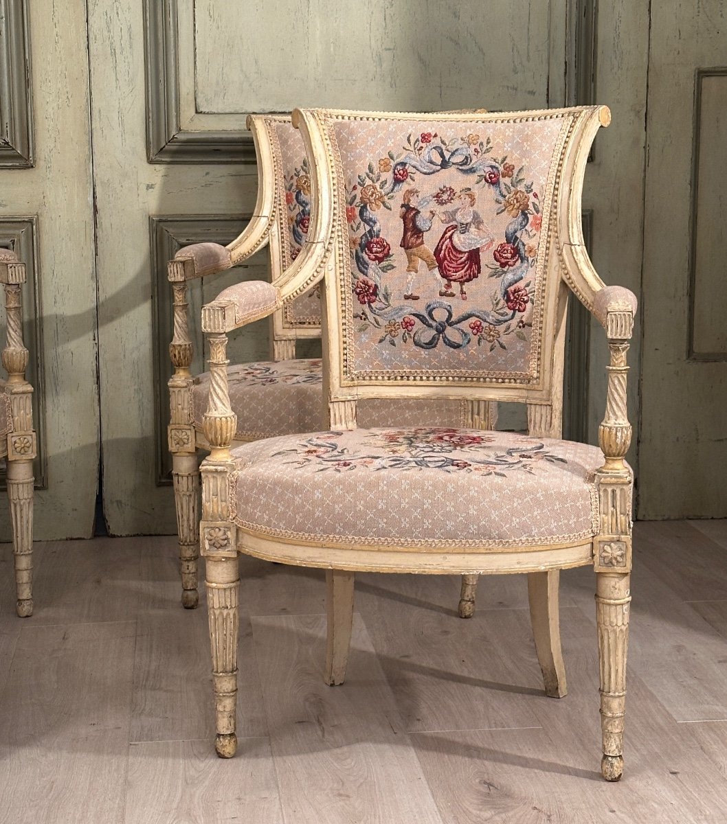 Suite Of Four Armchairs In Lacquered Wood From Louis XVI Period, Circa 1780-photo-2