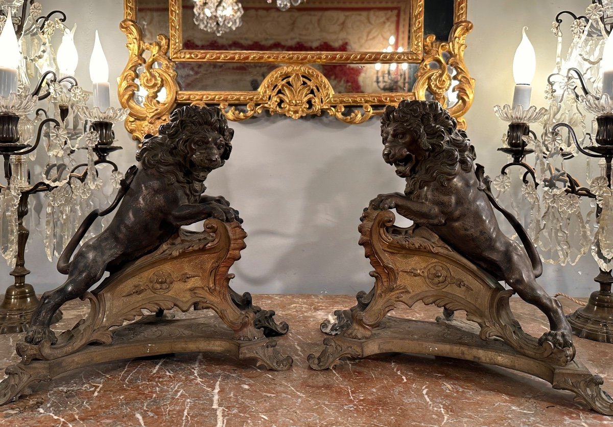 Rare Pair Of Bronze Lion Lights In Regency Style 19th Century-photo-2