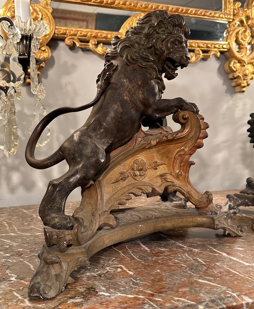 Rare Pair Of Bronze Lion Lights In Regency Style 19th Century-photo-3