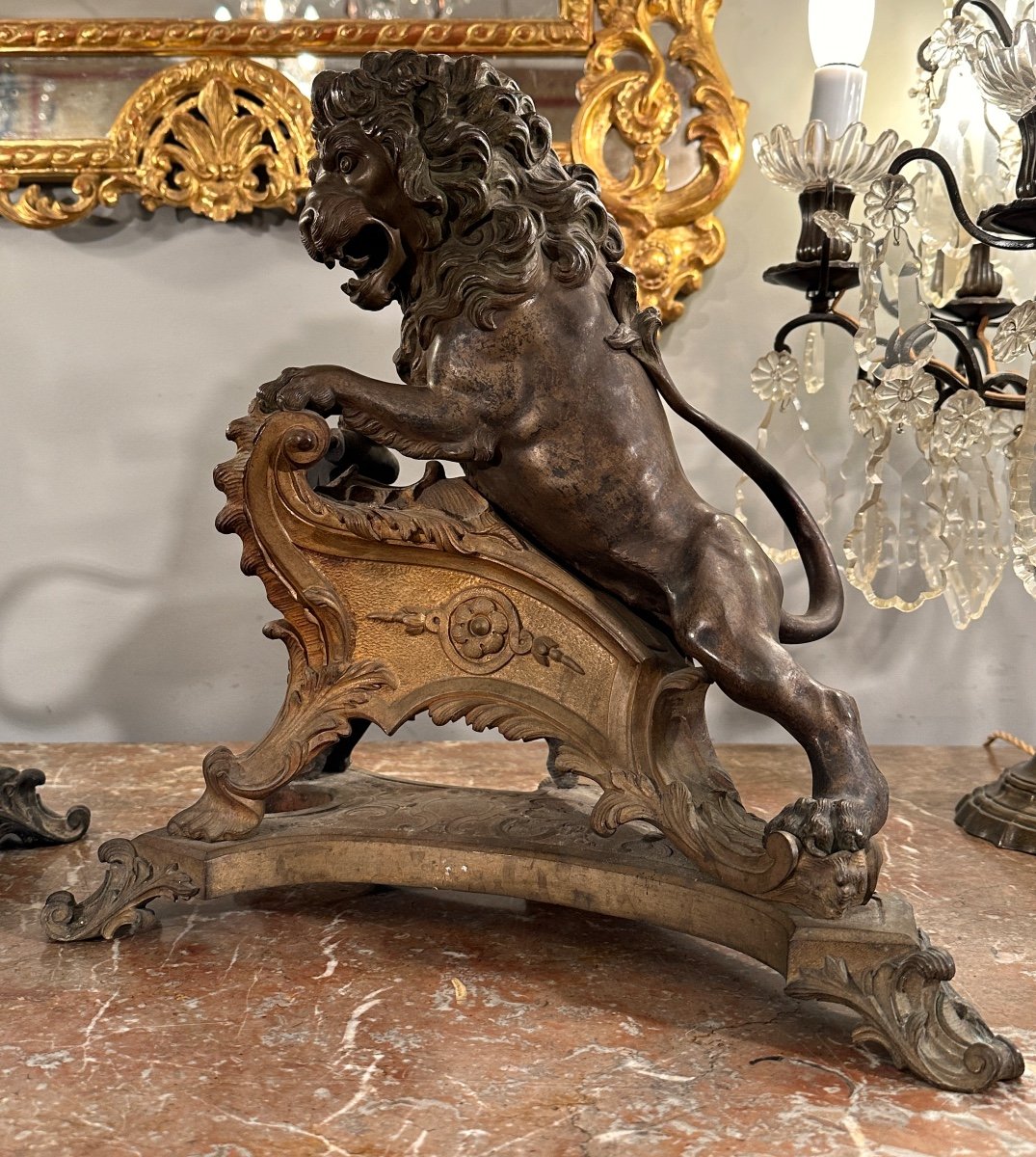 Rare Pair Of Bronze Lion Lights In Regency Style 19th Century-photo-4
