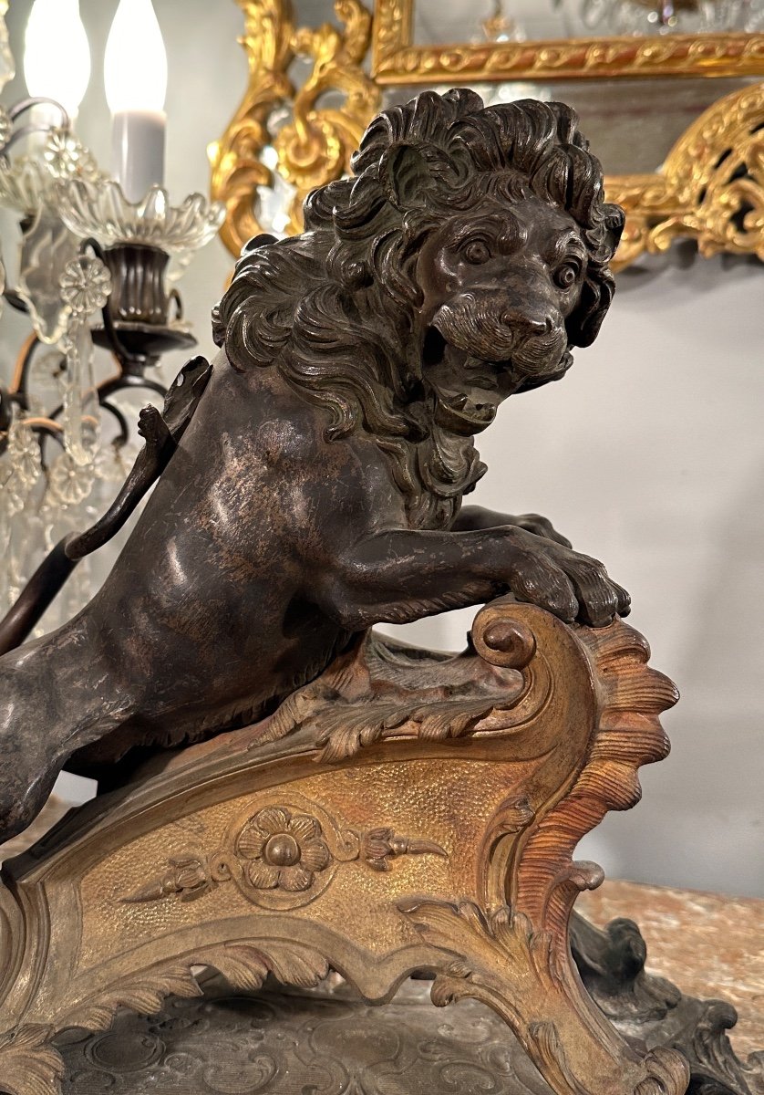 Rare Pair Of Bronze Lion Lights In Regency Style 19th Century-photo-1