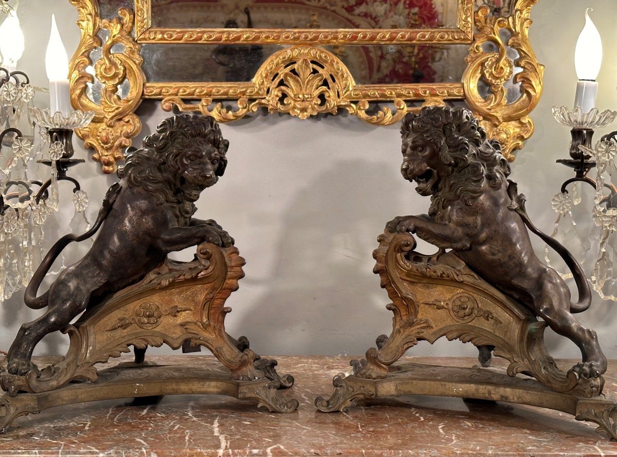 Rare Pair Of Bronze Lion Lights In Regency Style 19th Century-photo-3