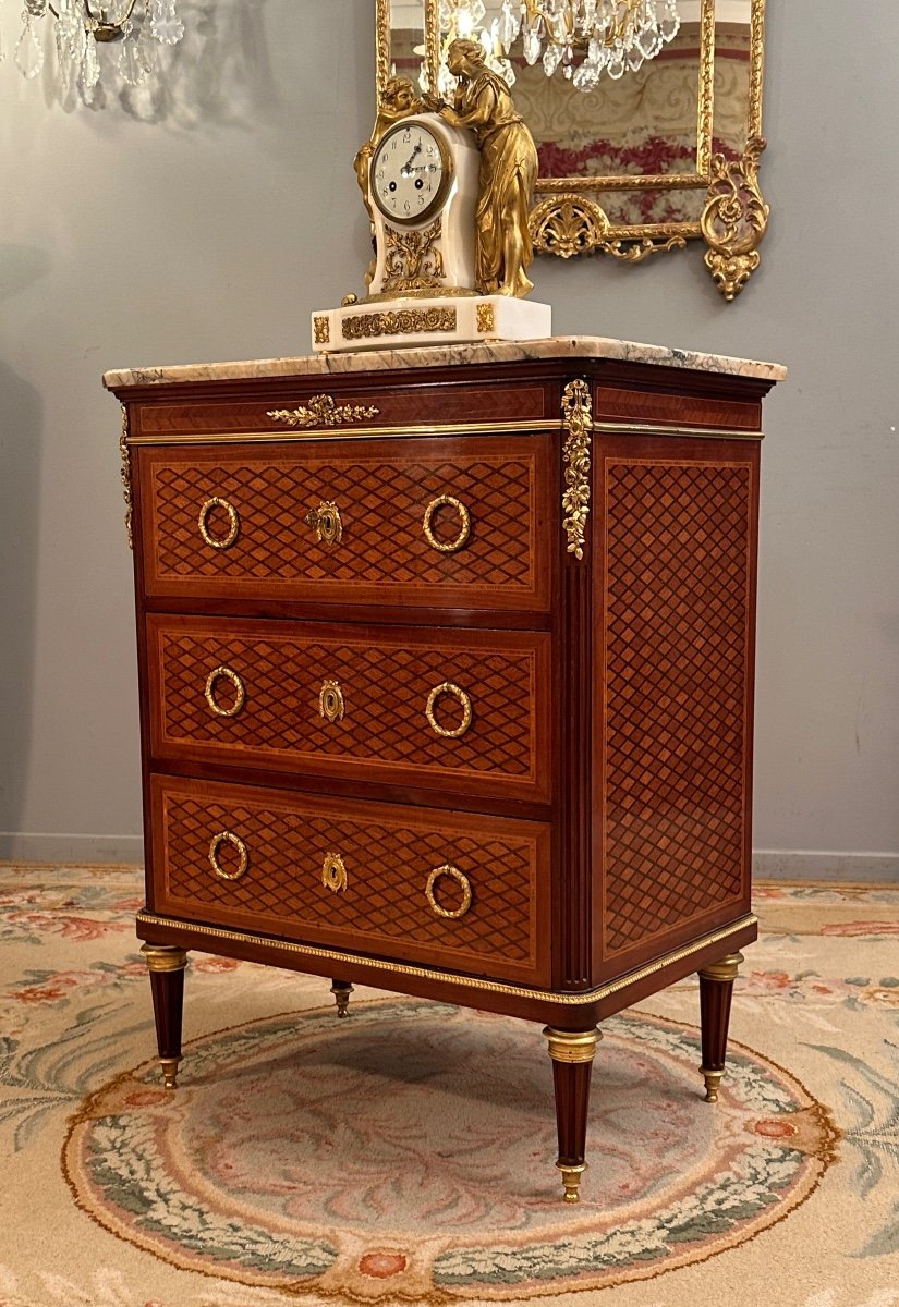 Maison Krieger, Louis XVI Style Marquetry Chest Of Drawers, 19th Century-photo-2