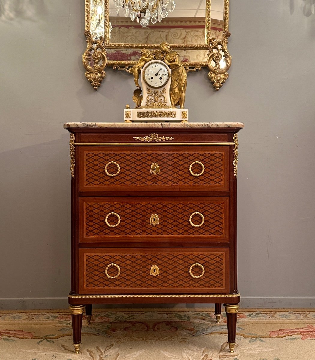 Maison Krieger, Louis XVI Style Marquetry Chest Of Drawers, 19th Century-photo-2