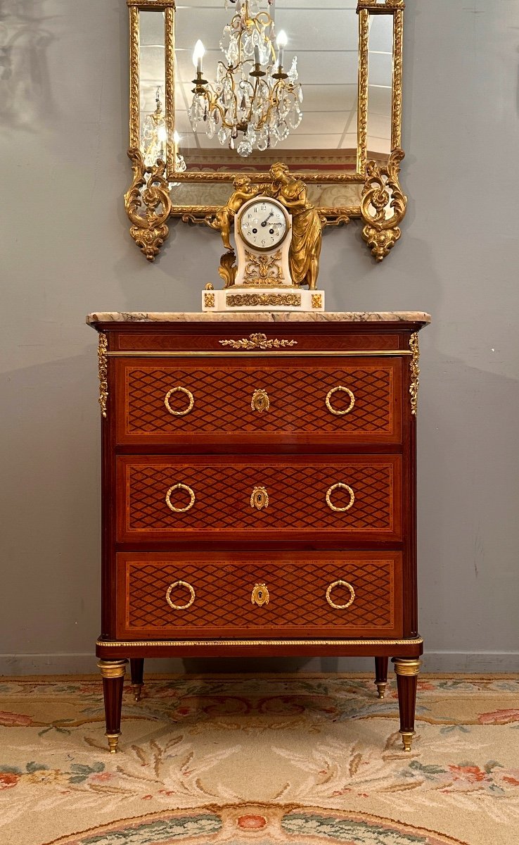 Maison Krieger, Louis XVI Style Marquetry Chest Of Drawers, 19th Century-photo-5