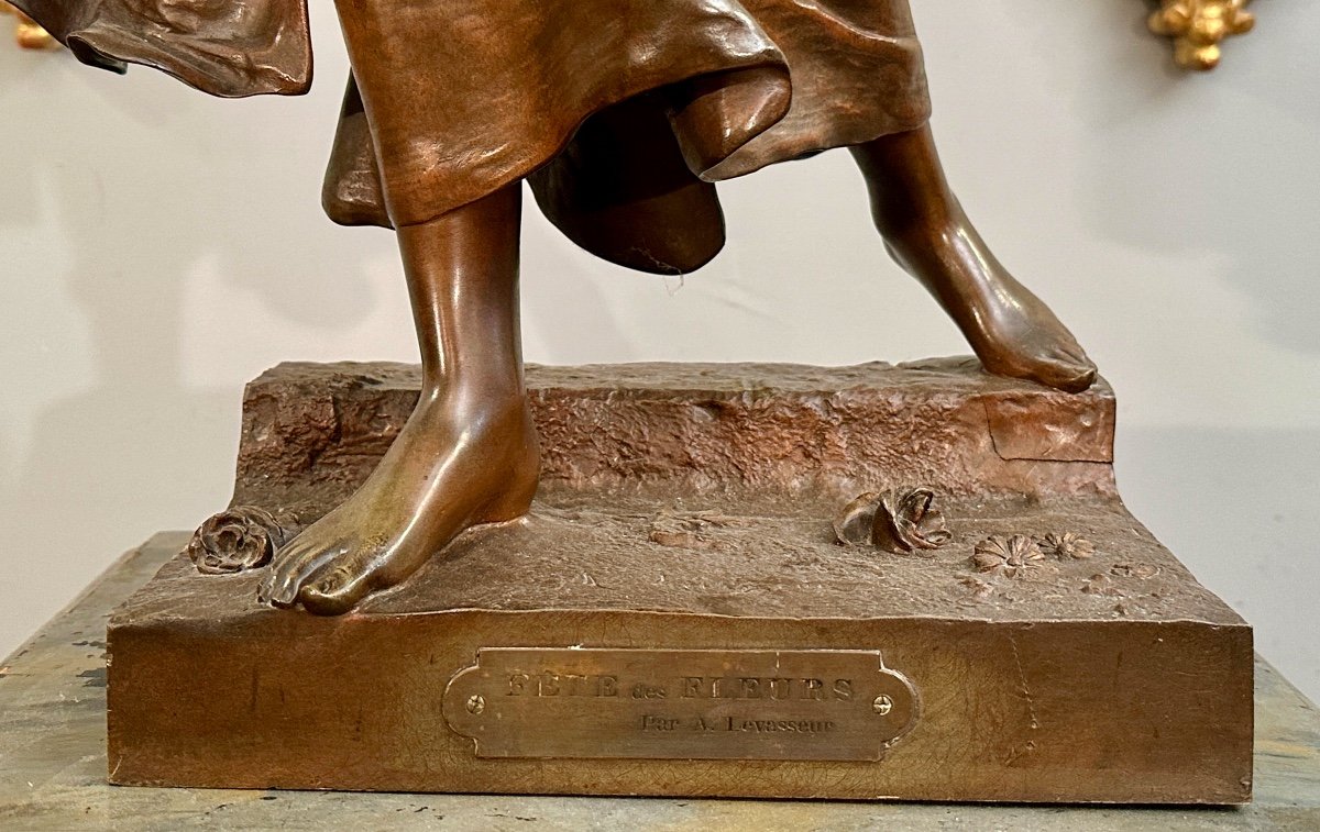 Important Sculpture En Bronze Fête Des Fleurs Par Alexandre Levasseur XIXème (90 cm)-photo-5
