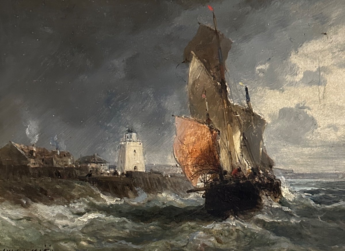 Jules Noel, Huile Sur Panneau Bateau De Pêche Signée (1810 - 1881)-photo-1