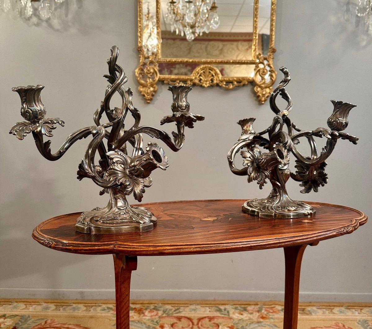 Victor Saglier, Pair Of Rocaille Candelabra In Silvered Bronze (1809-1894)-photo-2