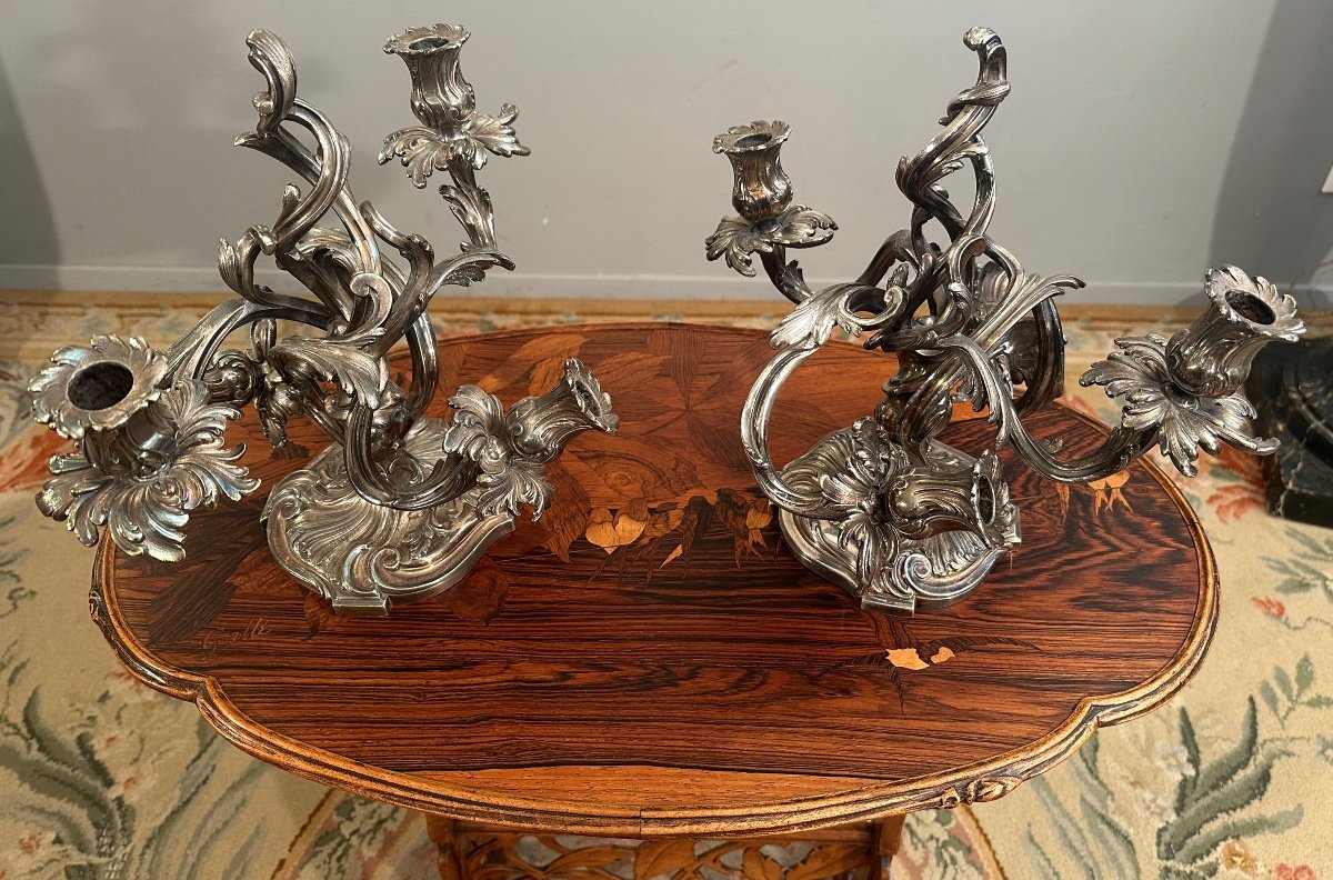 Victor Saglier, Pair Of Rocaille Candelabra In Silvered Bronze (1809-1894)-photo-3