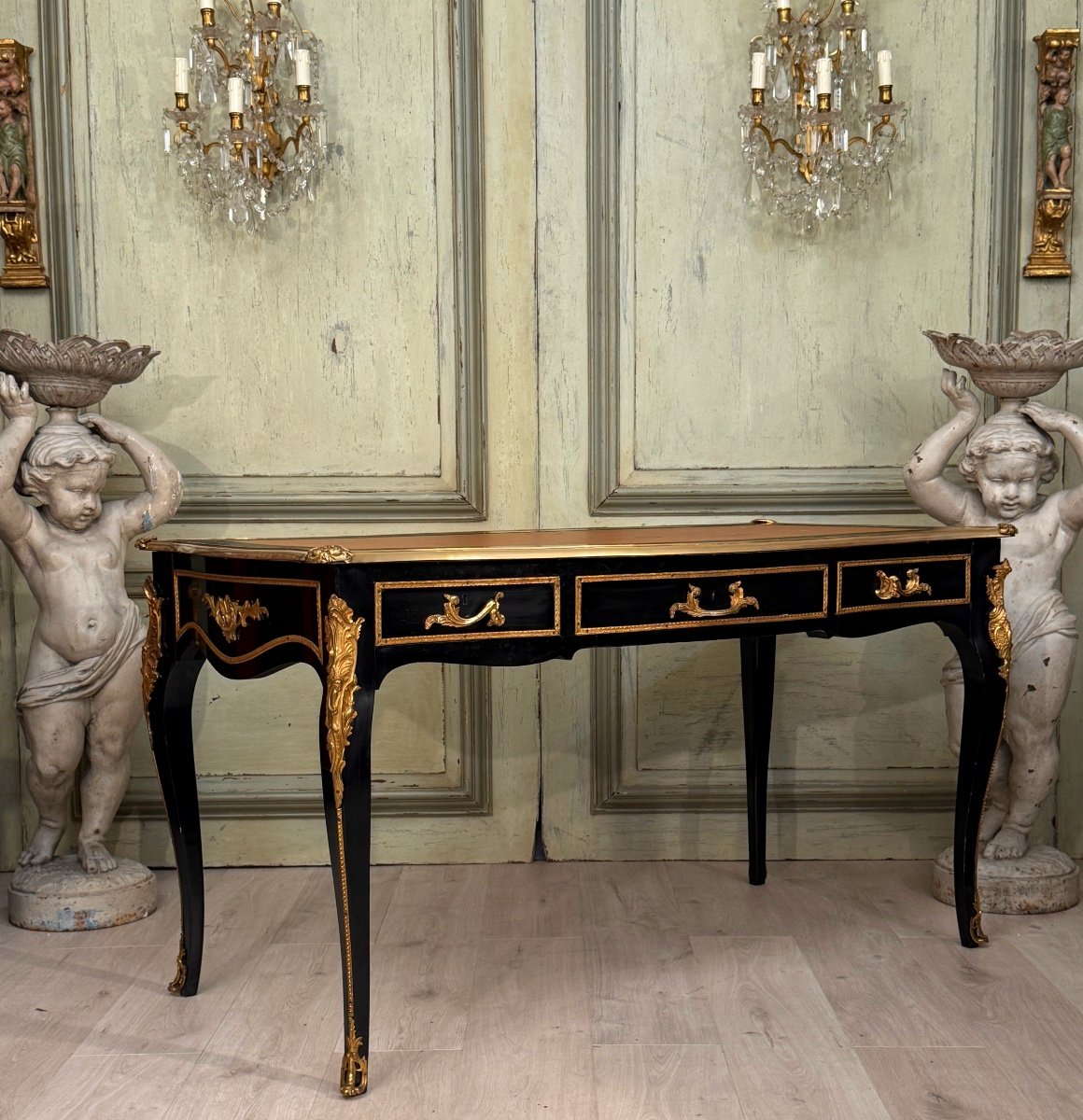 Maison Jansen, Louis XV Style Black Lacquered Desk Circa 1940-1950 -photo-2