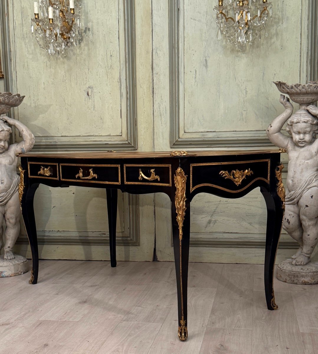 Maison Jansen, Louis XV Style Black Lacquered Desk Circa 1940-1950 -photo-4