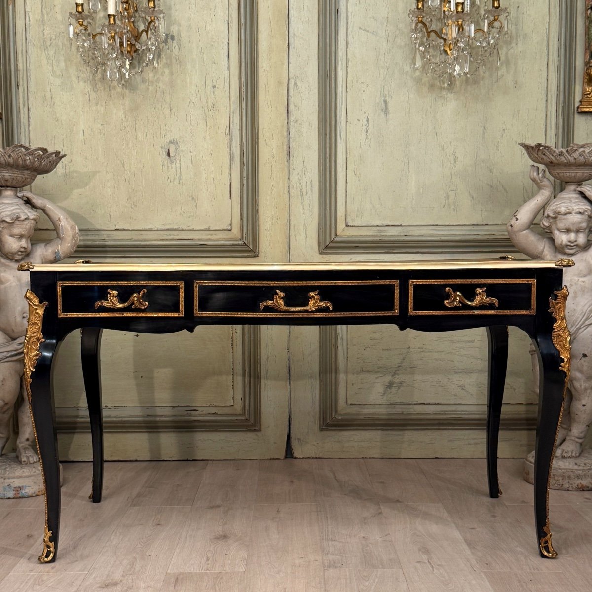 Maison Jansen, Louis XV Style Black Lacquered Desk Circa 1940-1950 -photo-3