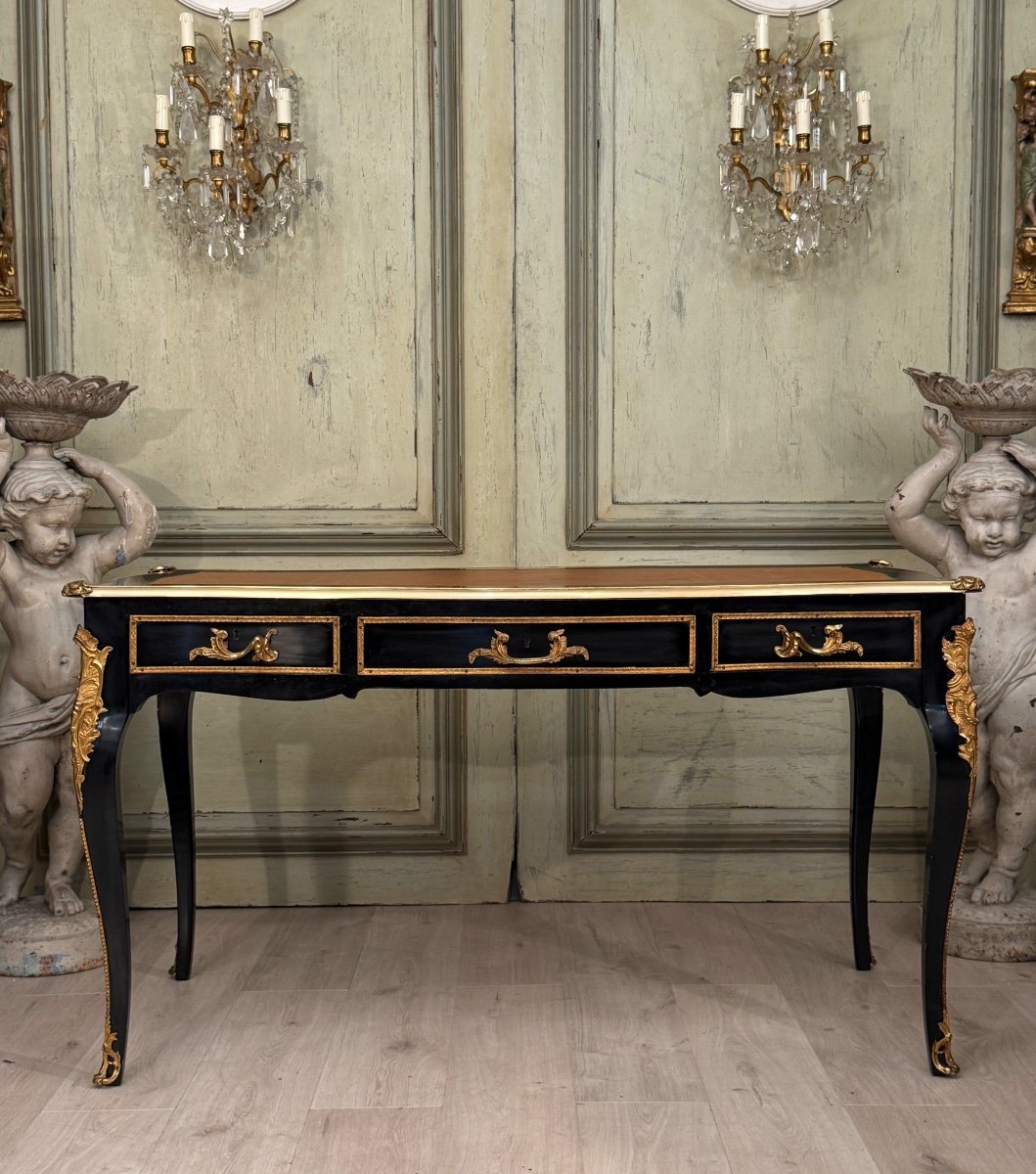 Maison Jansen, Louis XV Style Black Lacquered Desk Circa 1940-1950 -photo-1
