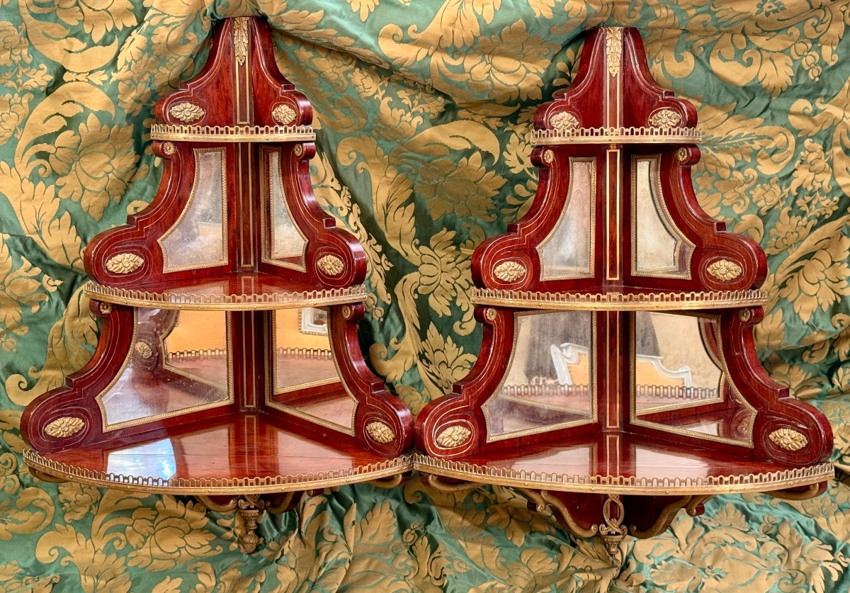Pair Of Louis XVI Style Speckled Mahogany Corner Shelves, 19th Century-photo-2