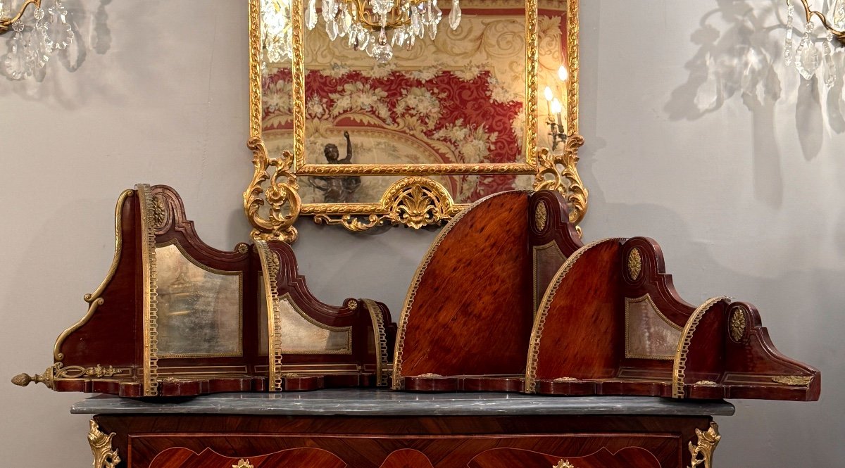 Pair Of Louis XVI Style Speckled Mahogany Corner Shelves, 19th Century-photo-3