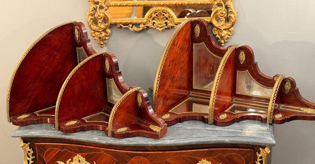 Pair Of Louis XVI Style Speckled Mahogany Corner Shelves, 19th Century-photo-6