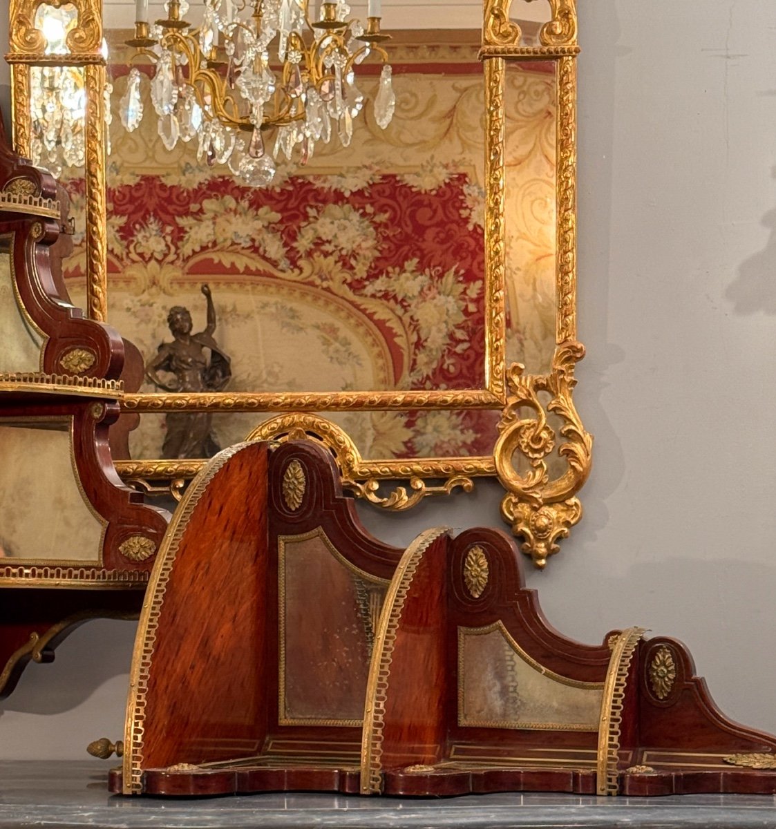 Pair Of Louis XVI Style Speckled Mahogany Corner Shelves, 19th Century