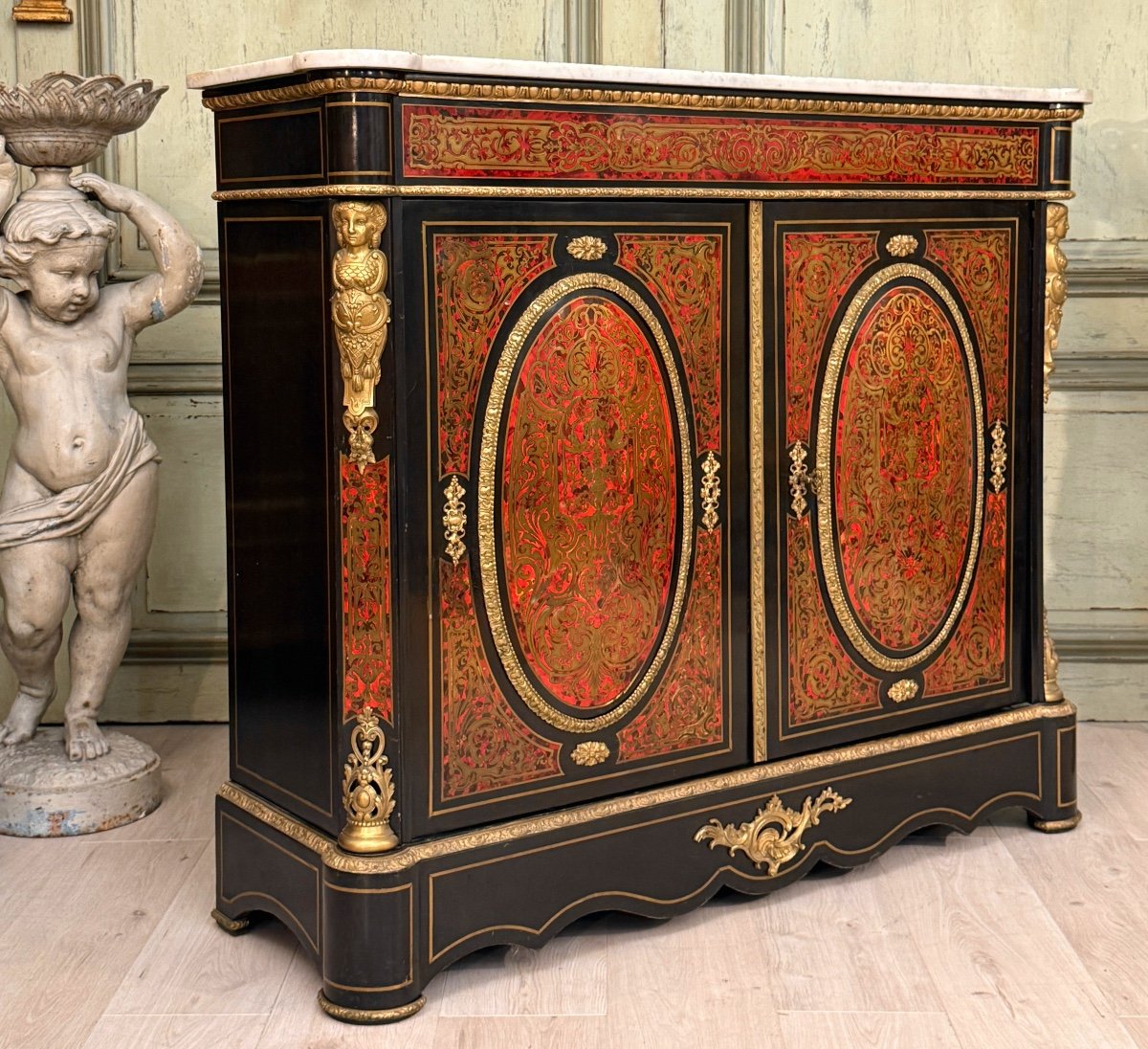 Meuble d'Appui Deux Portes Marqueterie De Boulle Epoque Napoleon III-photo-8