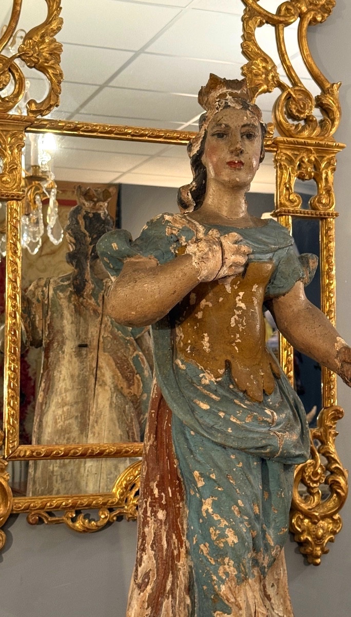 Sculpture Bois Sculpté Sainte Couronnée d'Epoque XVIIème (88 cm)-photo-2