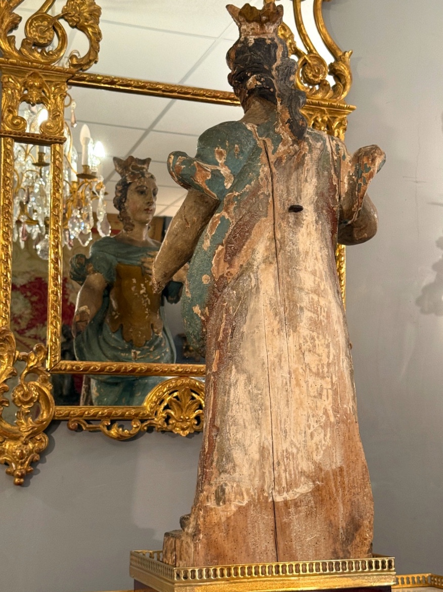 Sculpture Bois Sculpté Sainte Couronnée d'Epoque XVIIème (88 cm)-photo-3