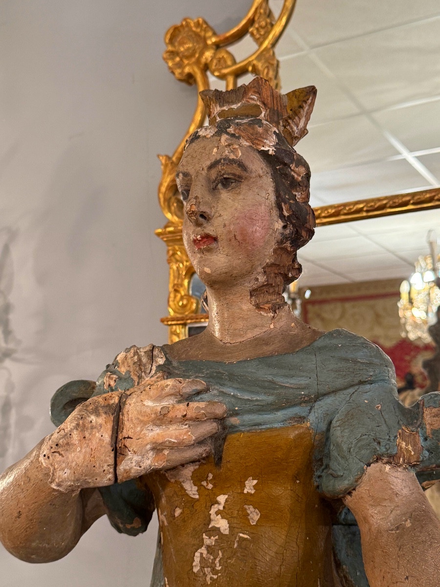 Sculpture Bois Sculpté Sainte Couronnée d'Epoque XVIIème (88 cm)-photo-4