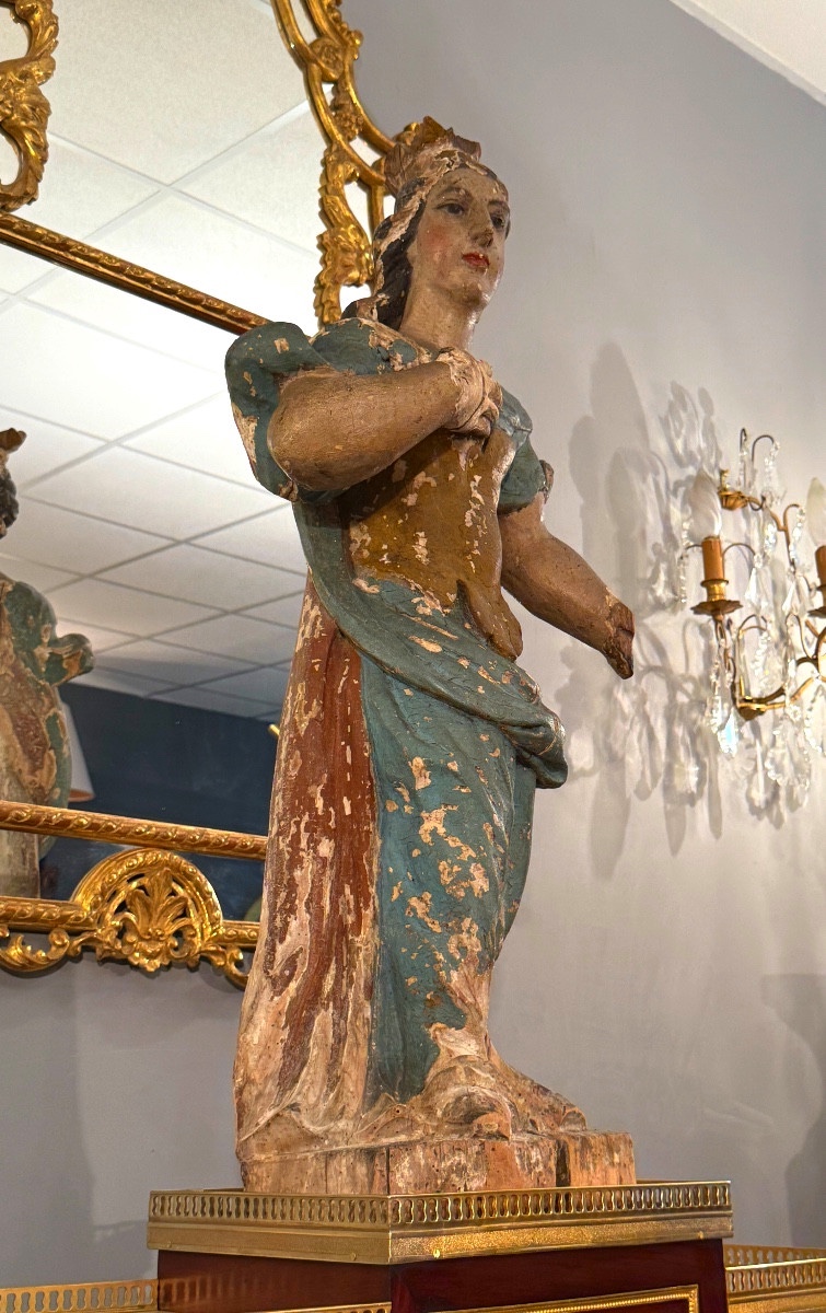 Sculpture Bois Sculpté Sainte Couronnée d'Epoque XVIIème (88 cm)-photo-4