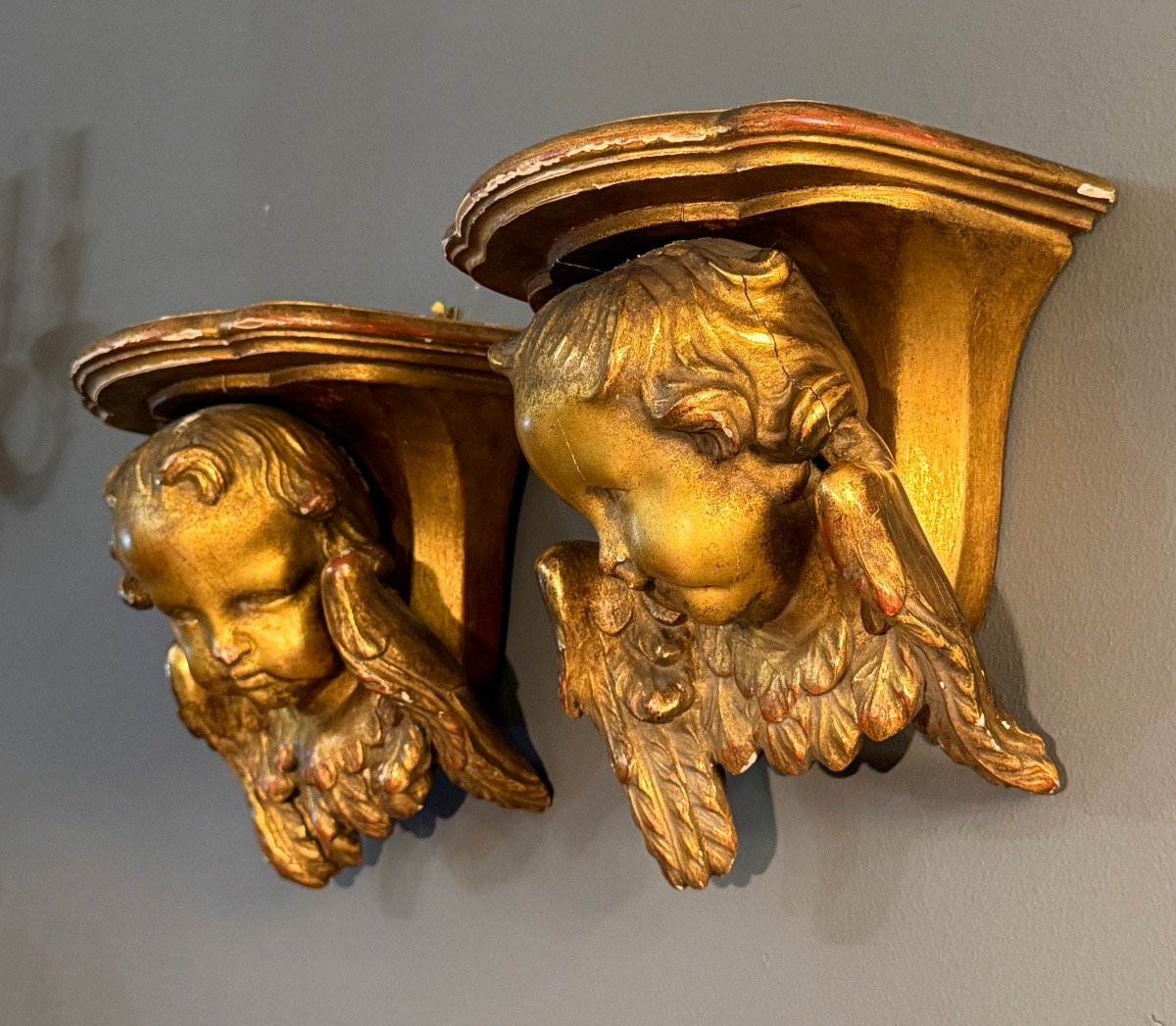 Pair Of 19th Century Gilded Wood Cherub Wall Consoles-photo-3