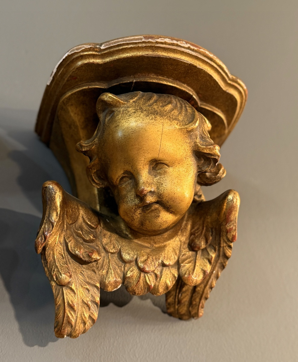 Pair Of 19th Century Gilded Wood Cherub Wall Consoles-photo-4