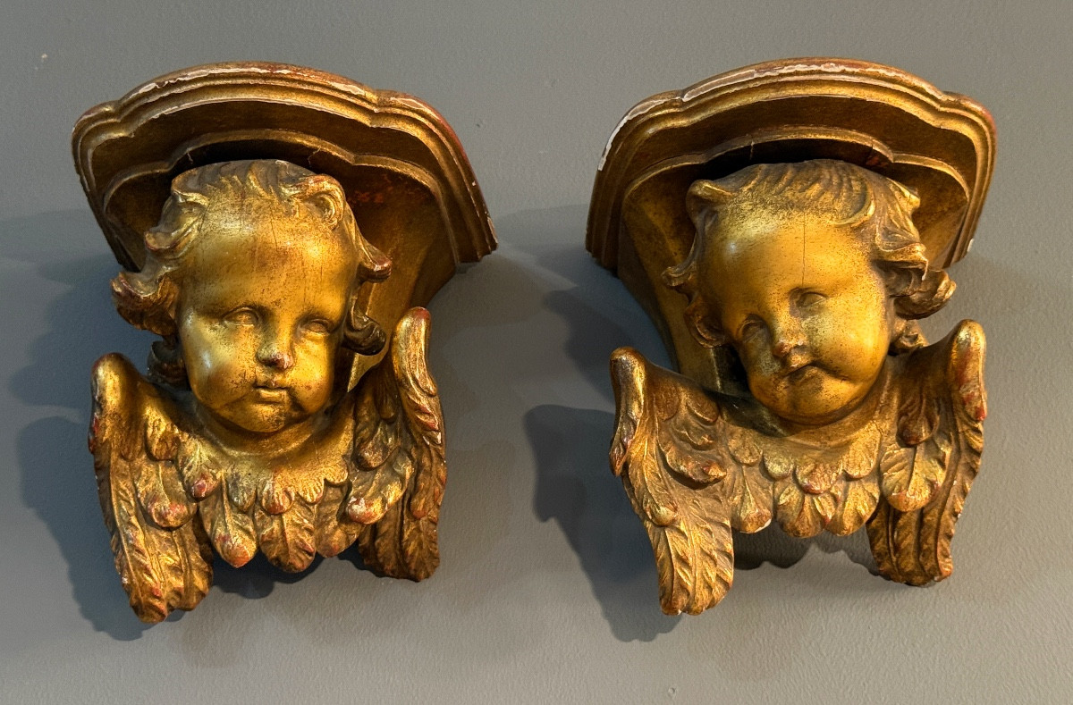 Pair Of 19th Century Gilded Wood Cherub Wall Consoles