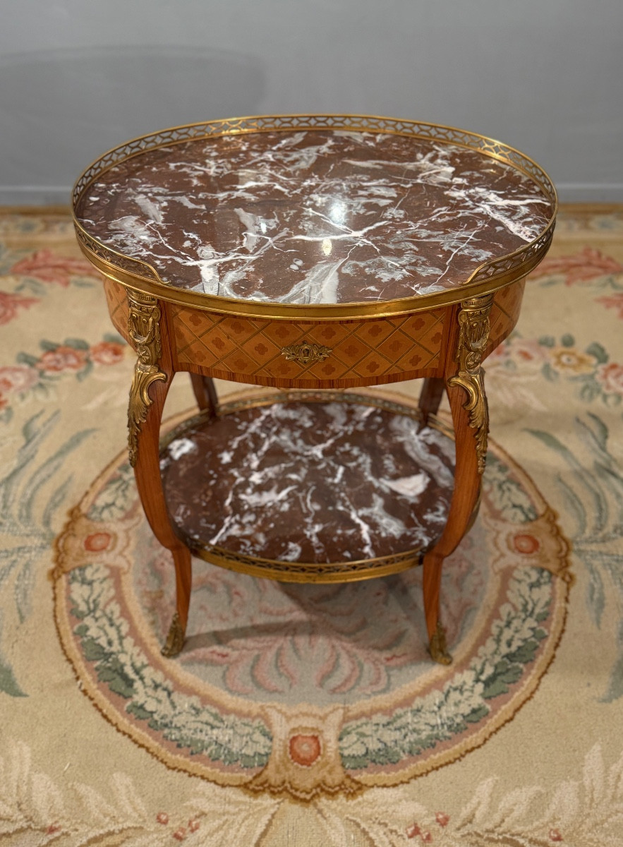 Dlg Alfred Beurdeley, Small Louis XV Style Marquetry Salon Table, Circa 1900-photo-2