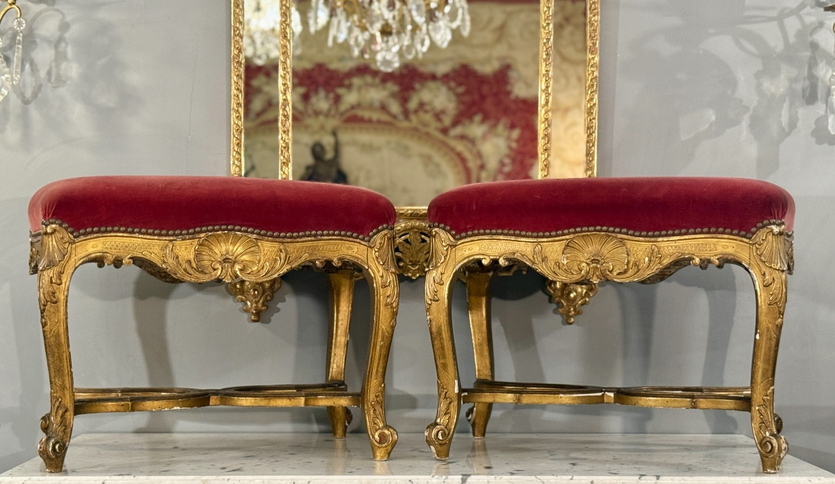 Pair Of Louis XV Style Giltwood Stools, 18th Century-photo-3
