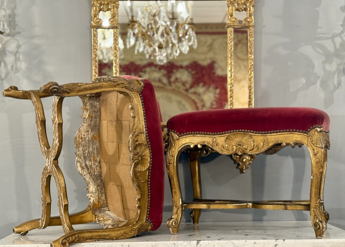 Pair Of Louis XV Style Giltwood Stools, 18th Century-photo-4