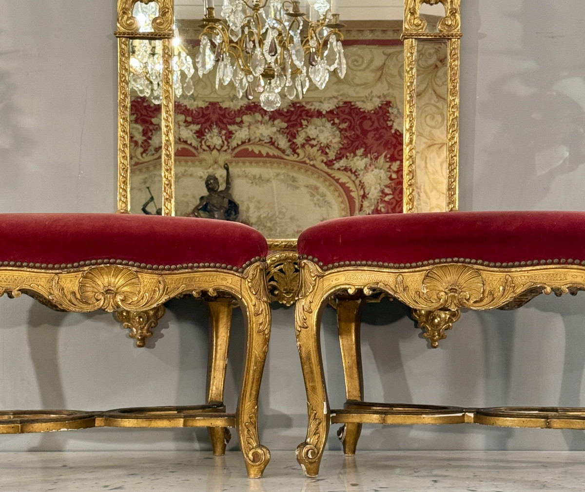 Pair Of Louis XV Style Giltwood Stools, 18th Century