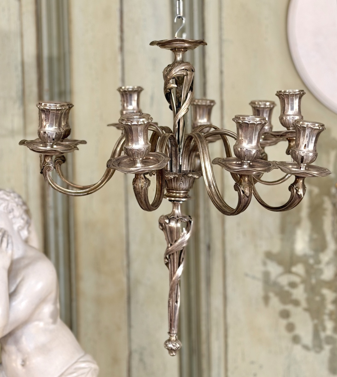 Lustre en Argent Massif de Style Transition Louis XV Louis XVI, Epoque XIXème 