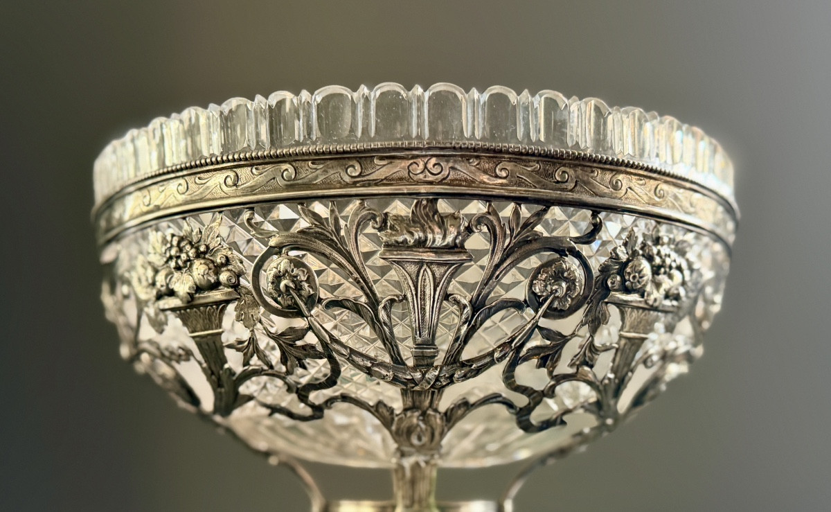 19th Century Solid Silver And Cut Crystal Centerpiece Bowl-photo-2