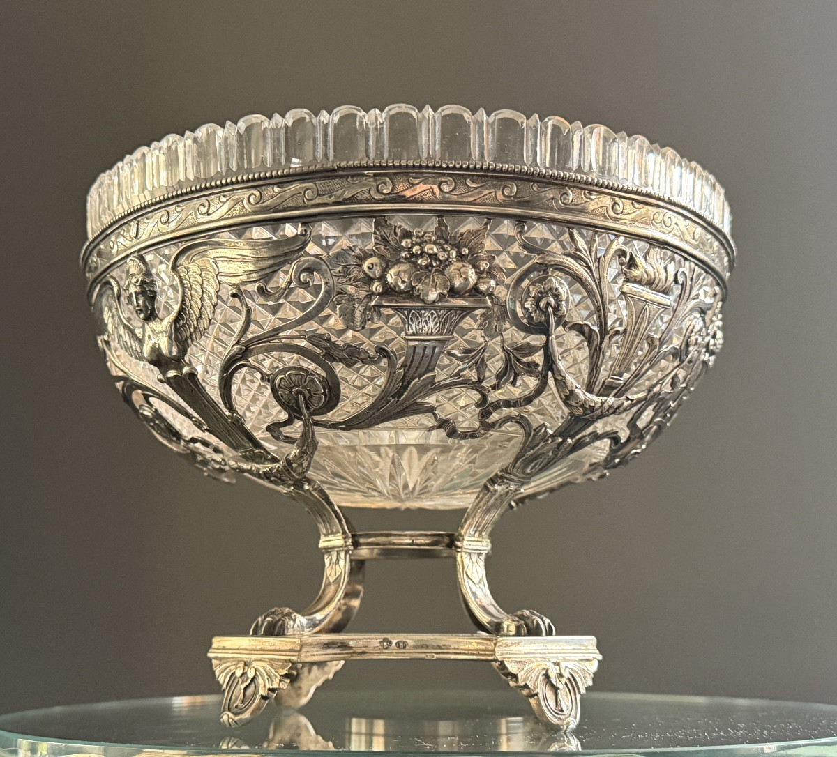 19th Century Solid Silver And Cut Crystal Centerpiece Bowl-photo-1