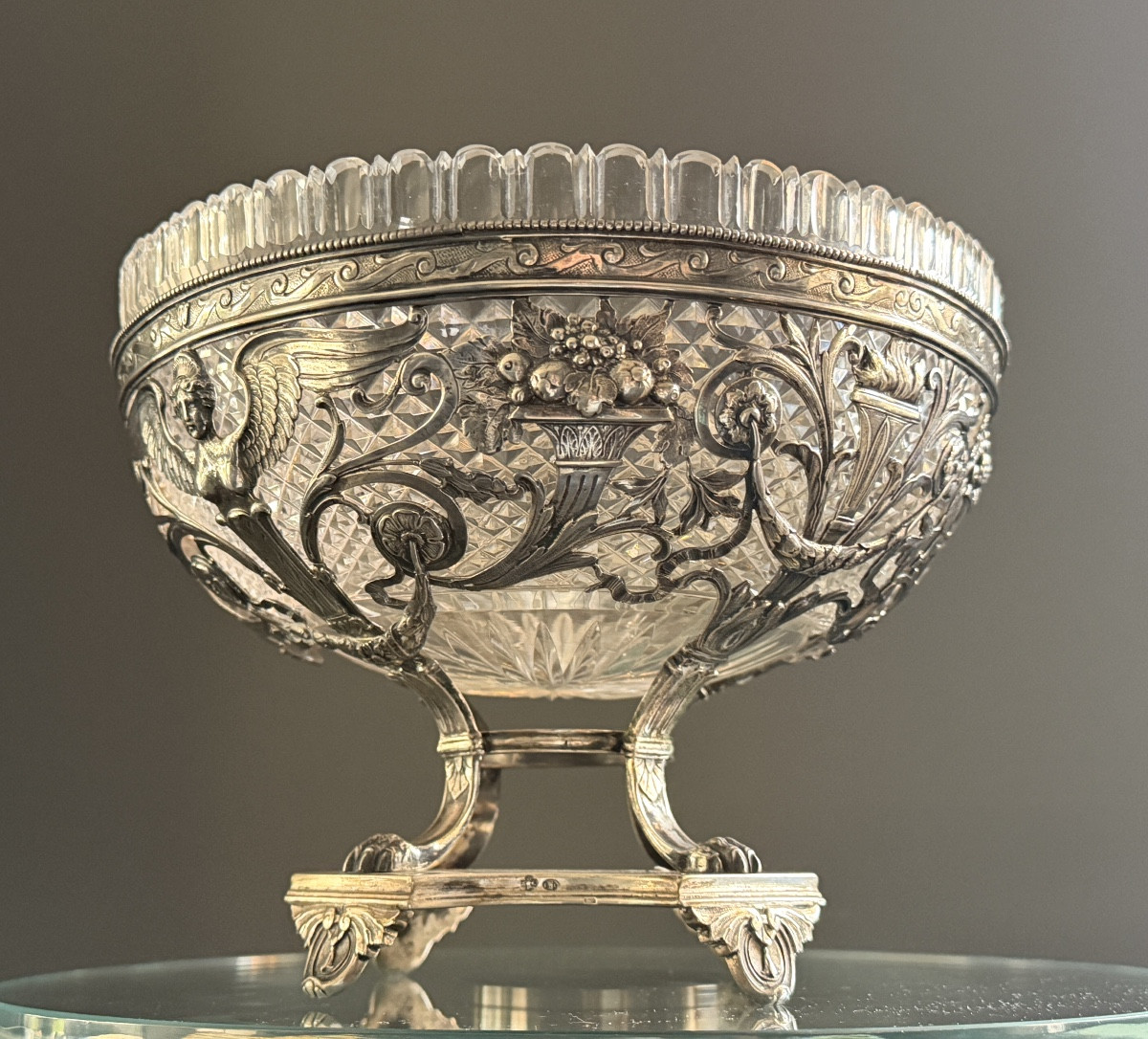 19th Century Solid Silver And Cut Crystal Centerpiece Bowl-photo-6