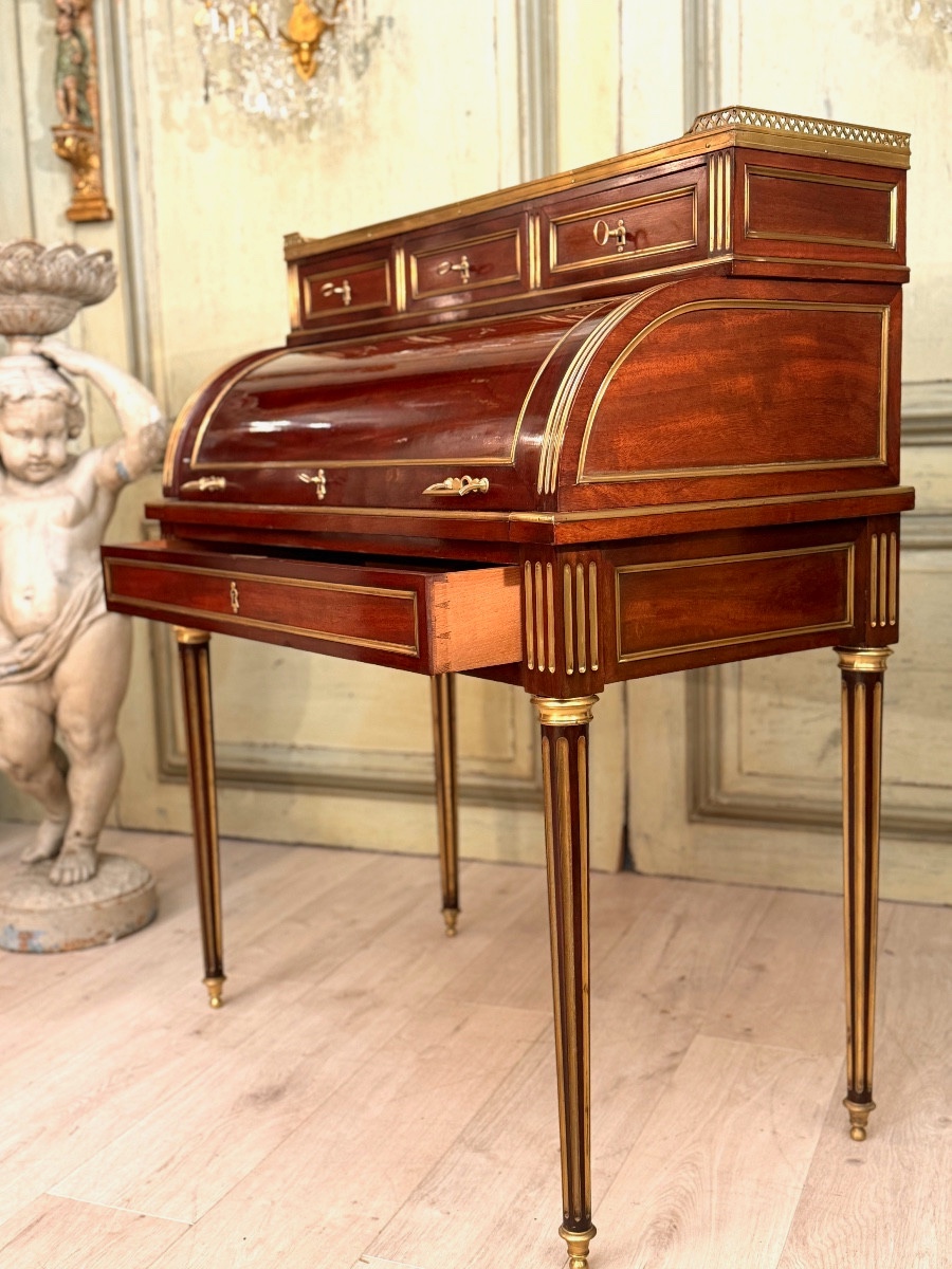 Louis XVI Style Mahogany Cylinder Desk, Napoleon III Period-photo-1