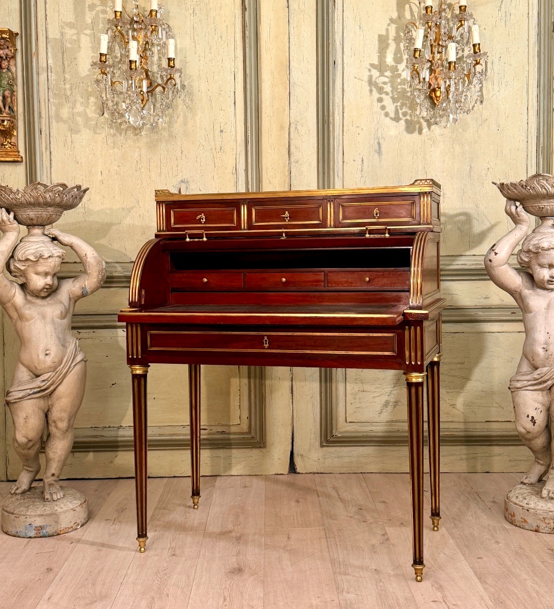 Louis XVI Style Mahogany Cylinder Desk, Napoleon III Period-photo-5