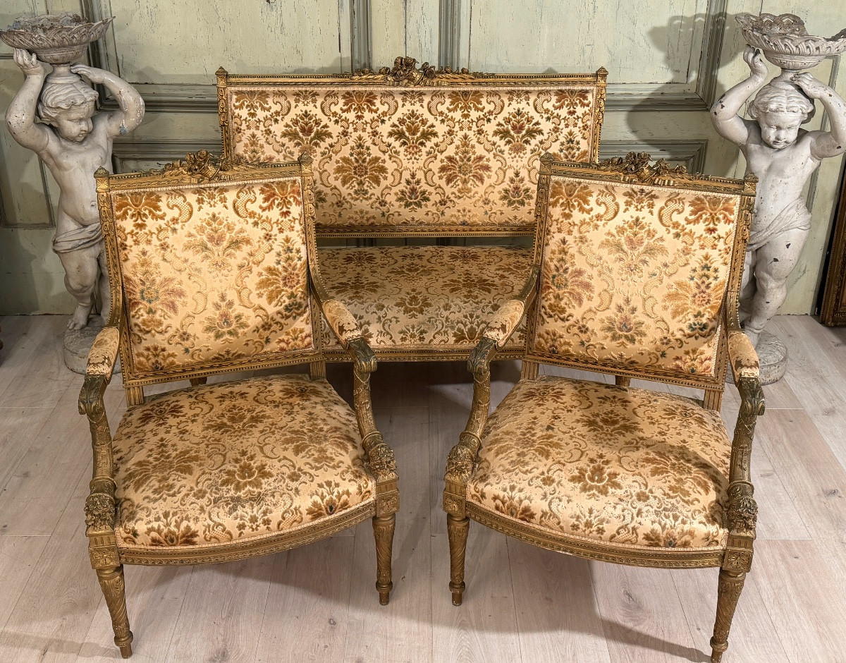 Gilt And Carved Wood Living Room Furniture In The Louis XVI Style, 19th Century-photo-4