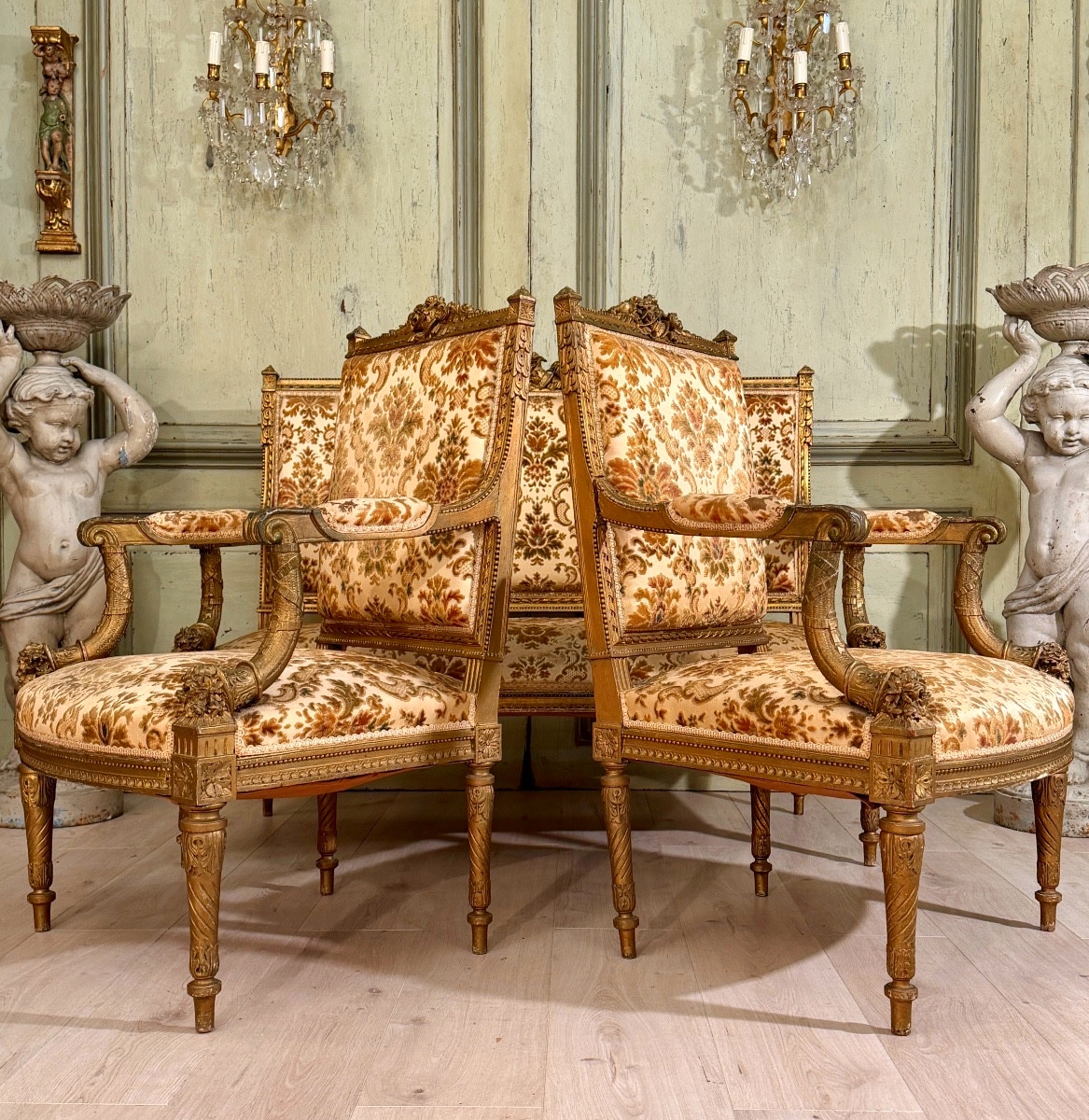 Gilt And Carved Wood Living Room Furniture In The Louis XVI Style, 19th Century-photo-2