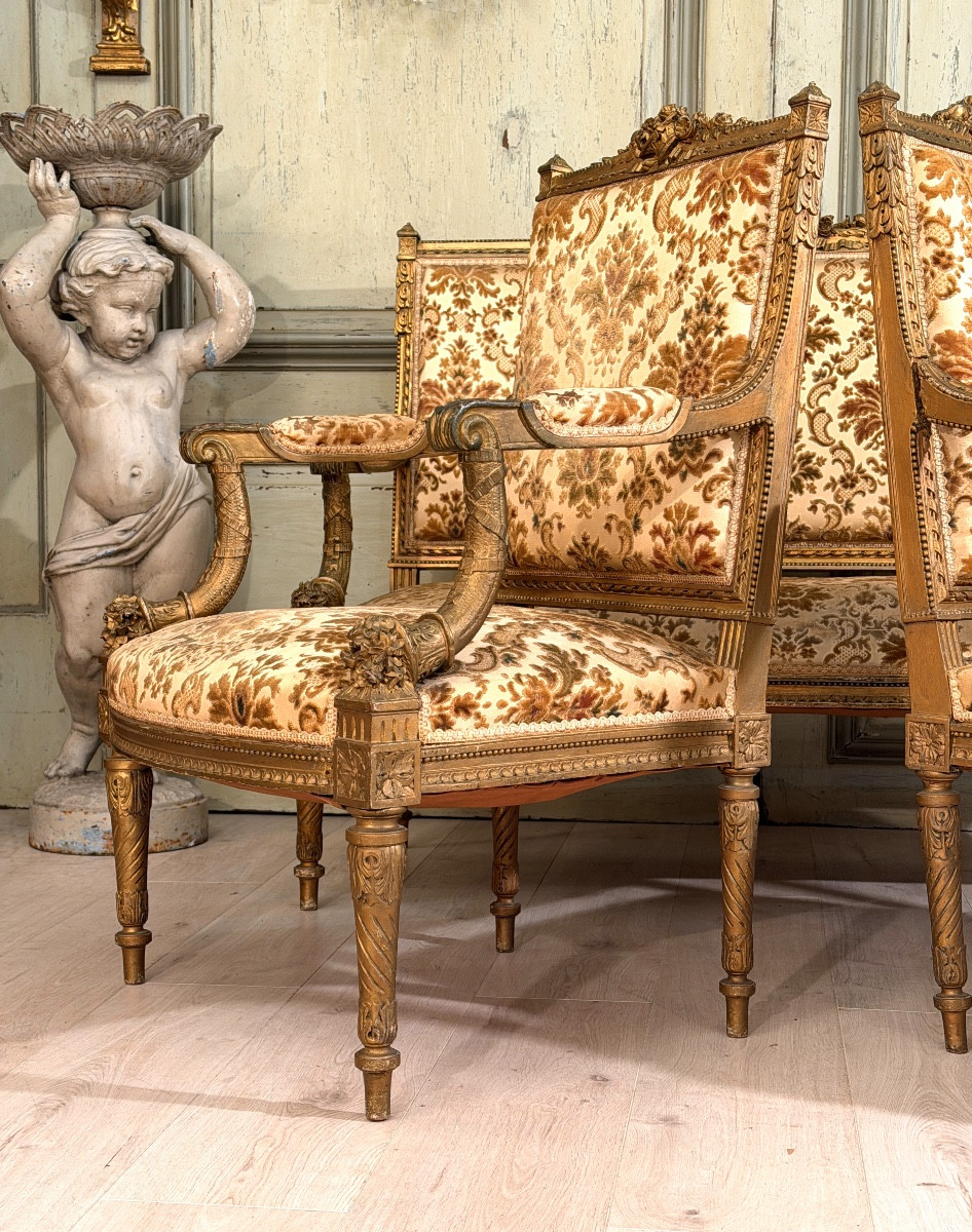 Gilt And Carved Wood Living Room Furniture In The Louis XVI Style, 19th Century-photo-1