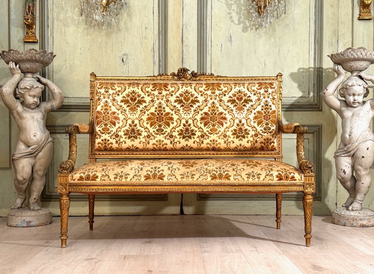 Gilt And Carved Wood Living Room Furniture In The Louis XVI Style, 19th Century-photo-3