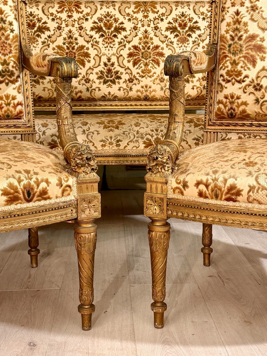 Gilt And Carved Wood Living Room Furniture In The Louis XVI Style, 19th Century-photo-2