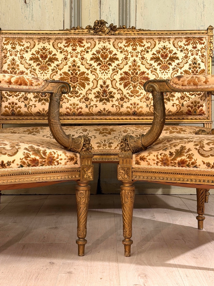 Gilt And Carved Wood Living Room Furniture In The Louis XVI Style, 19th Century-photo-4