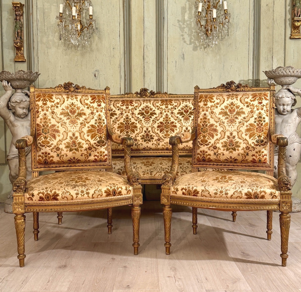 Gilt And Carved Wood Living Room Furniture In The Louis XVI Style, 19th Century